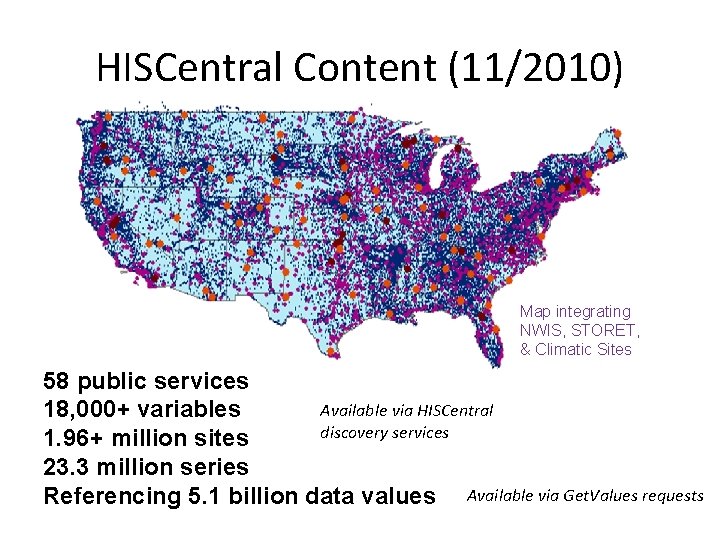 HISCentral Content (11/2010) Map integrating NWIS, STORET, & Climatic Sites 58 public services Available