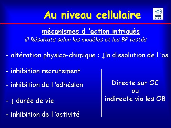 Au niveau cellulaire mécanismes d ’action intriqués !!! Résultats selon les modèles et les