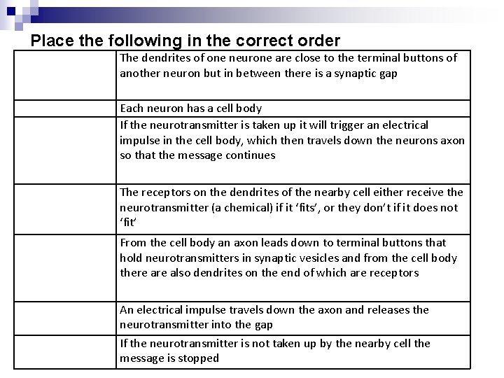 Place the following in the correct order The dendrites of one neurone are close