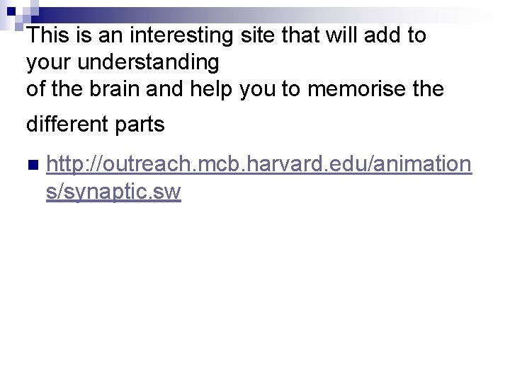 This is an interesting site that will add to your understanding of the brain