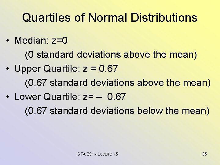 Quartiles of Normal Distributions • Median: z=0 (0 standard deviations above the mean) •