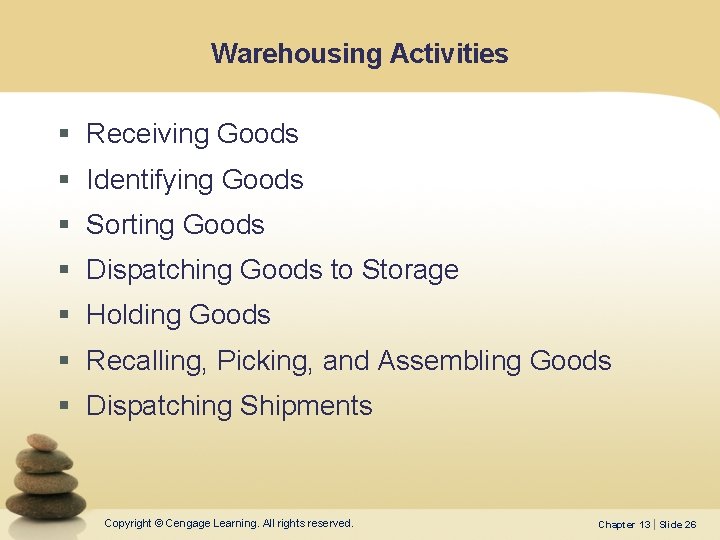 Warehousing Activities § Receiving Goods § Identifying Goods § Sorting Goods § Dispatching Goods