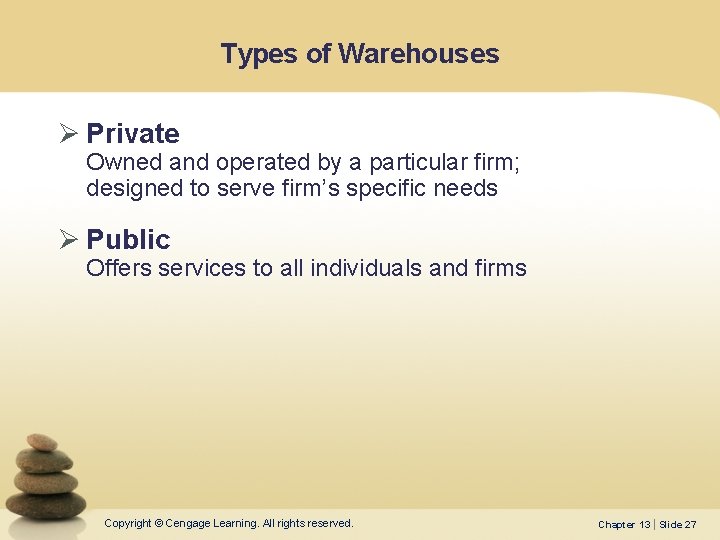Types of Warehouses Ø Private Owned and operated by a particular firm; designed to
