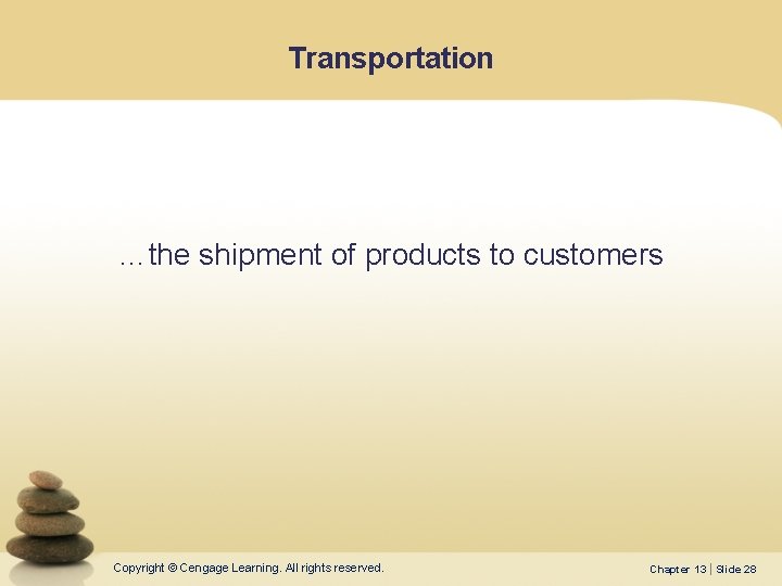 Transportation …the shipment of products to customers Copyright © Cengage Learning. All rights reserved.