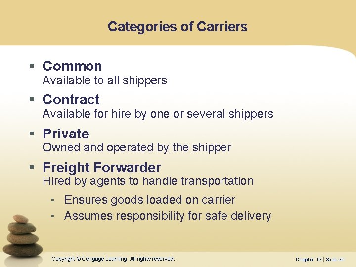 Categories of Carriers § Common Available to all shippers § Contract Available for hire