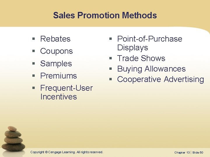 Sales Promotion Methods § § § Rebates Coupons Samples Premiums Frequent-User Incentives Copyright ©