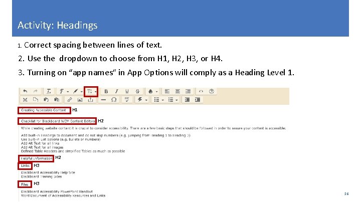 Activity: Headings 1. Correct spacing between lines of text. 2. Use the dropdown to