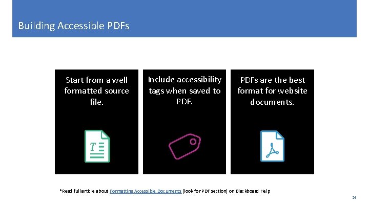 Building Accessible PDFs Start from a well formatted source file. Include accessibility tags when