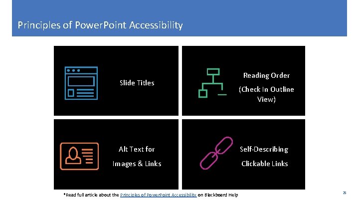 Principles of Power. Point Accessibility Slide Titles Reading Order (Check In Outline View) Alt