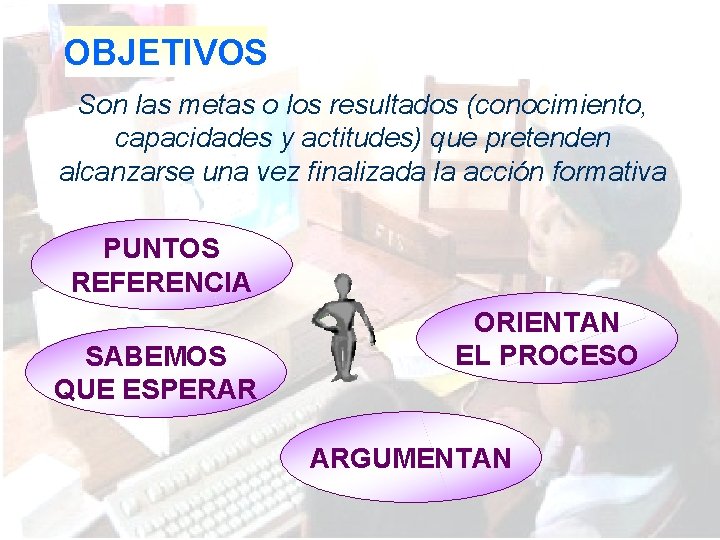 OBJETIVOS Son las metas o los resultados (conocimiento, capacidades y actitudes) que pretenden alcanzarse