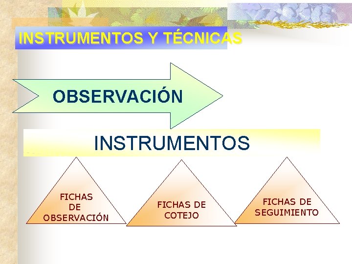 INSTRUMENTOS Y TÉCNICAS OBSERVACIÓN INSTRUMENTOS FICHAS DE OBSERVACIÓN FICHAS DE COTEJO FICHAS DE SEGUIMIENTO