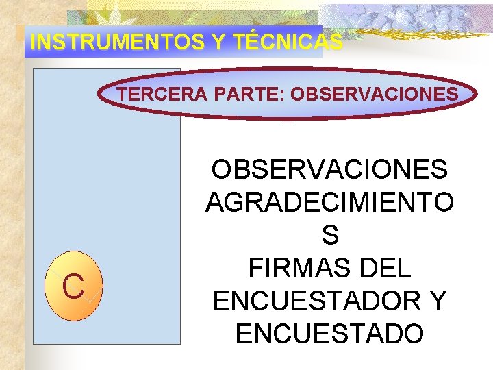 INSTRUMENTOS Y TÉCNICAS TERCERA PARTE: OBSERVACIONES C OBSERVACIONES AGRADECIMIENTO S FIRMAS DEL ENCUESTADOR Y