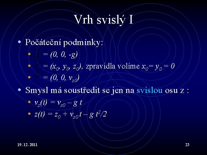 Vrh svislý I • Počáteční podmínky: • = (0, 0, -g) • = (x