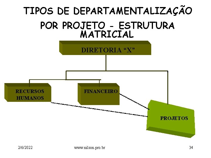 TIPOS DE DEPARTAMENTALIZAÇÃO POR PROJETO - ESTRUTURA MATRICIAL DIRETORIA “X” RECURSOS HUMANOS FINANCEIRO PROJETOS