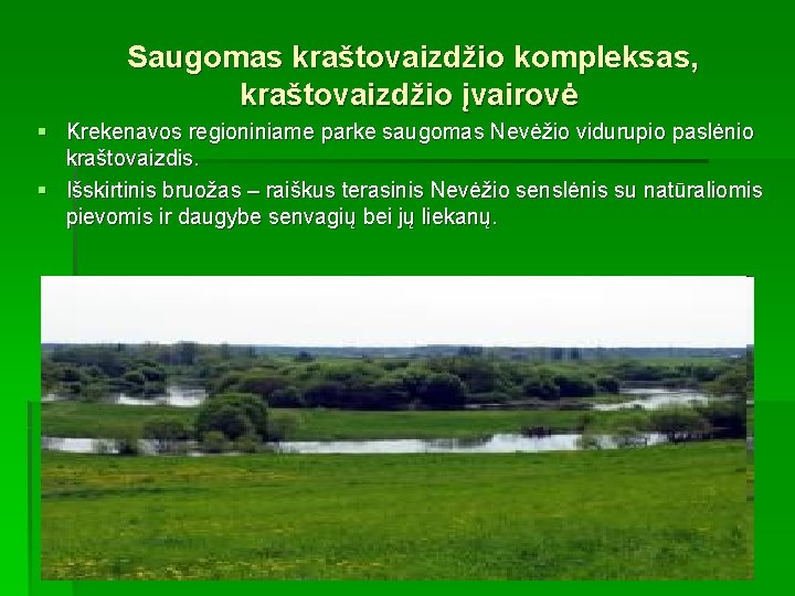 Saugomas kraštovaizdžio kompleksas, kraštovaizdžio įvairovė § Krekenavos regioniniame parke saugomas Nevėžio vidurupio paslėnio kraštovaizdis.