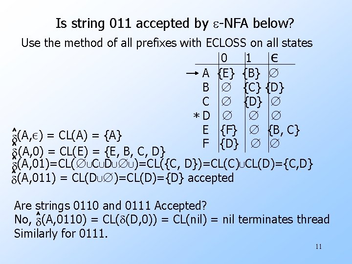 Is string 011 accepted by e-NFA below? Use the method of all prefixes with Is string 011 accepted by e-NFA below? Use the method of all prefixes with