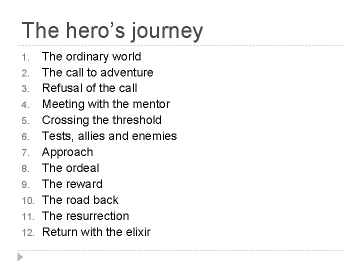 The hero’s journey 1. 2. 3. 4. 5. 6. 7. 8. 9. 10. 11.