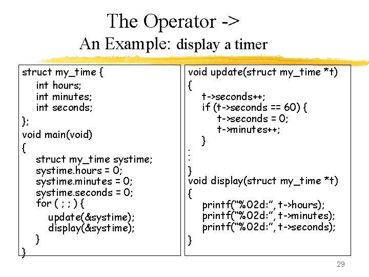 The Operator -> An Example: display a timer struct my_time { int hours; int