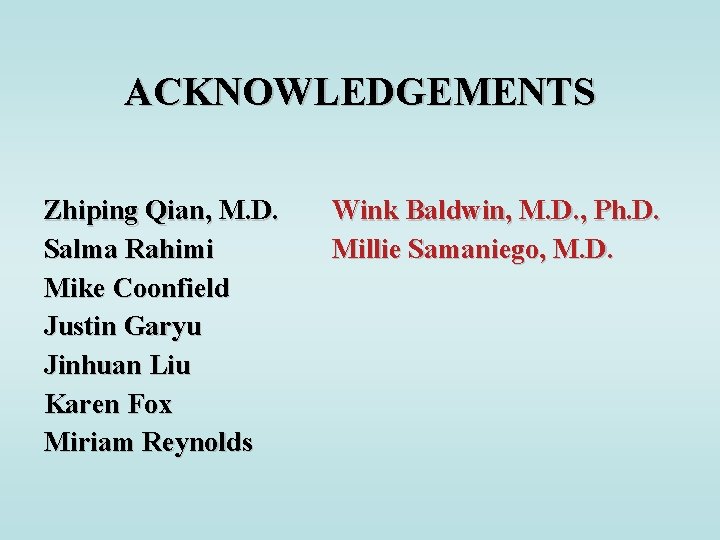 ACKNOWLEDGEMENTS Zhiping Qian, M. D. Salma Rahimi Mike Coonfield Justin Garyu Jinhuan Liu Karen