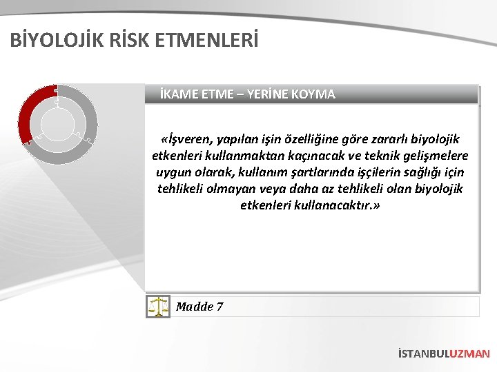 BİYOLOJİK RİSK ETMENLERİ İKAME ETME – YERİNE KOYMA «İşveren, yapılan işin özelliğine göre zararlı