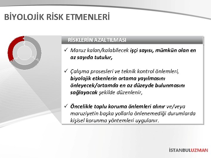 BİYOLOJİK RİSK ETMENLERİ RİSKLERİN AZALTILMASI ü Maruz kalan/kalabilecek işçi sayısı, mümkün olan en az