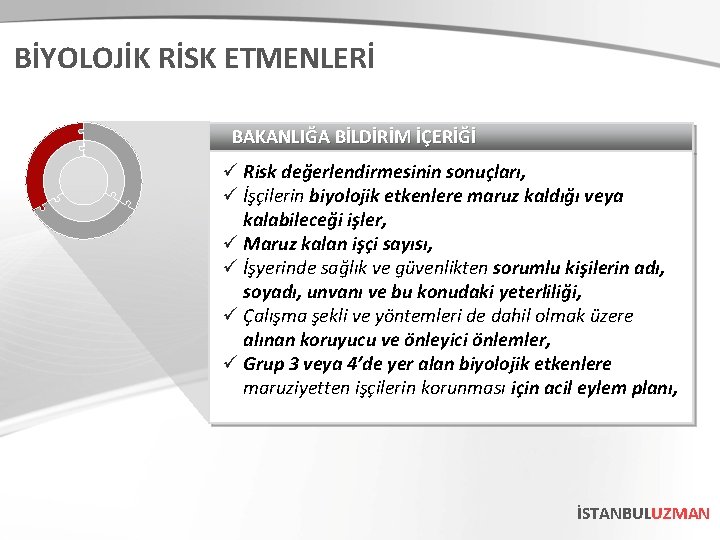 BİYOLOJİK RİSK ETMENLERİ BAKANLIĞA BİLDİRİM İÇERİĞİ ü Risk değerlendirmesinin sonuçları, ü İşçilerin biyolojik etkenlere