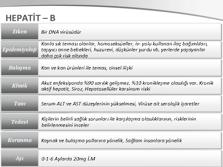 HEPATİT – B Etken Bir DNA virüsüdür Kanla sık teması olanlar, homoseksüeller, iv- yolu