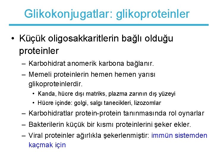 Glikokonjugatlar: glikoproteinler • Küçük oligosakkaritlerin bağlı olduğu proteinler – Karbohidrat anomerik karbona bağlanır. –