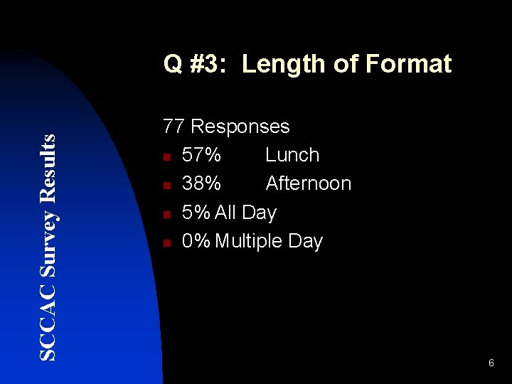 SCCAC Survey Results Q #3: Length of Format 77 Responses n 57% Lunch n