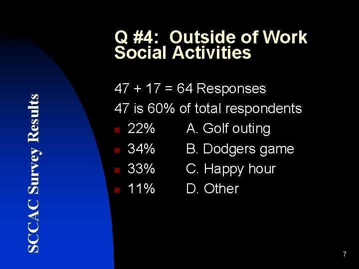 SCCAC Survey Results Q #4: Outside of Work Social Activities 47 + 17 =