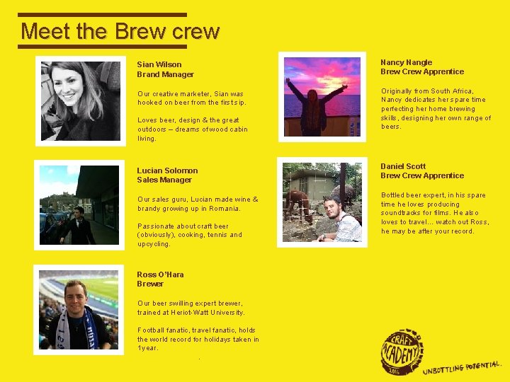 Meet the Brew crew Sian Wilson Brand Manager Nancy Nangle Brew Crew Apprentice Our