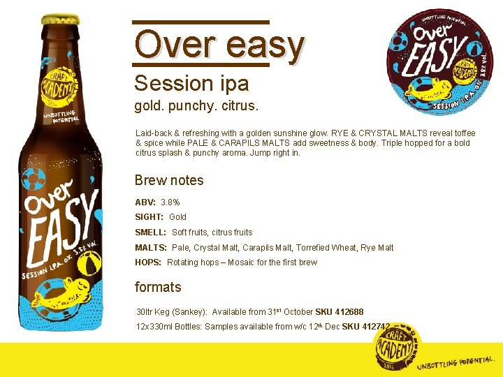 Over easy Session ipa gold. punchy. citrus. Laid-back & refreshing with a golden sunshine