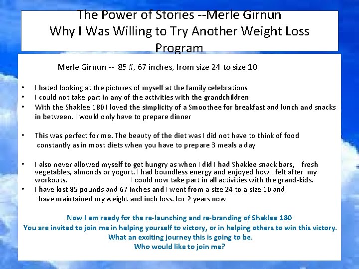 The Power of Stories --Merle Girnun Why I Was Willing to Try Another Weight