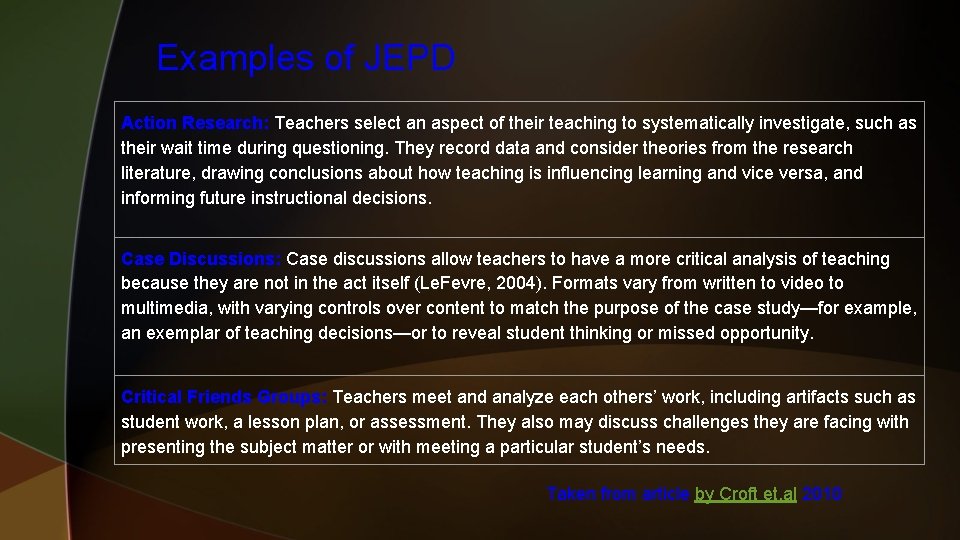 Examples of JEPD Action Research: Teachers select an aspect of their teaching to systematically