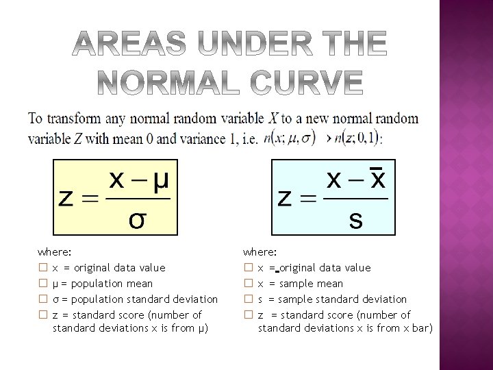 where: � x = original data value � μ = population mean � σ