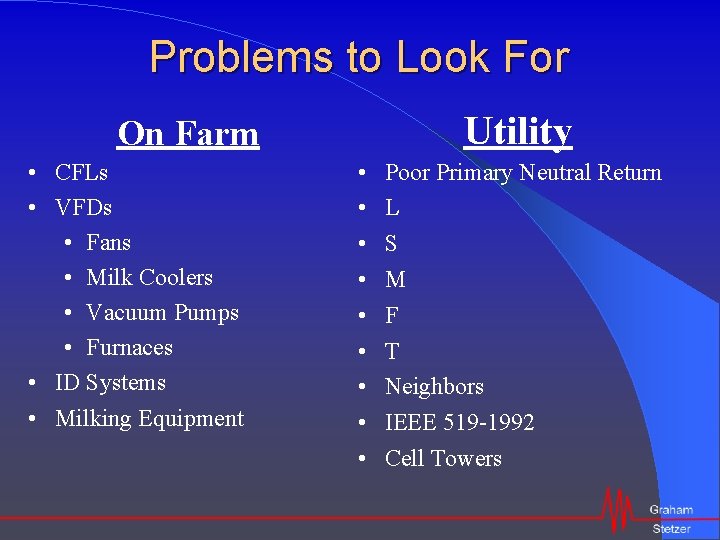 Problems to Look For Utility On Farm • CFLs • VFDs • Fans •