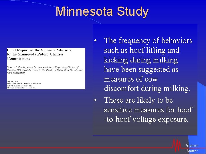 Minnesota Study • The frequency of behaviors such as hoof lifting and kicking during