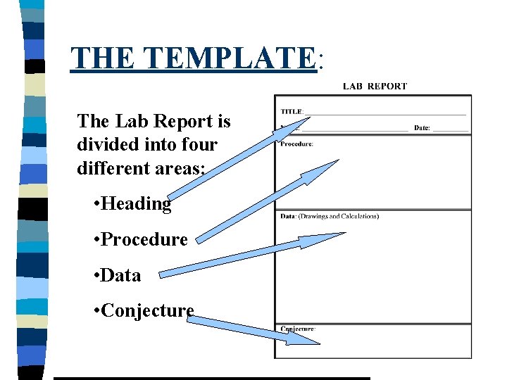 THE TEMPLATE: The Lab Report is divided into four different areas: • Heading •