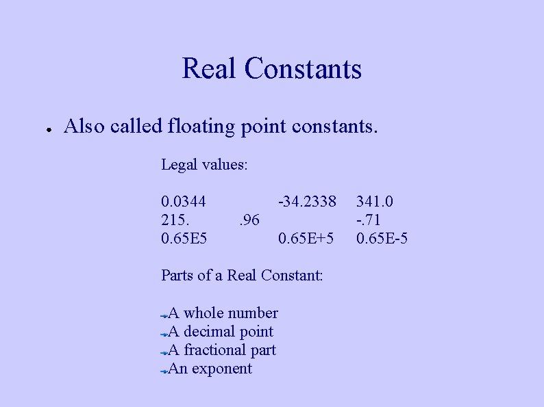 Real Constants ● Also called floating point constants. Legal values: 0. 0344 215. 0. Real Constants ● Also called floating point constants. Legal values: 0. 0344 215. 0.