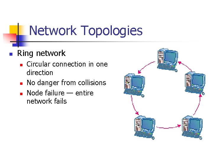 Network Topologies n Ring network n n n Circular connection in one direction No