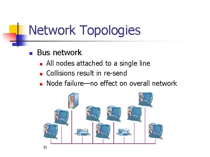Network Topologies n Bus network n n n All nodes attached to a single