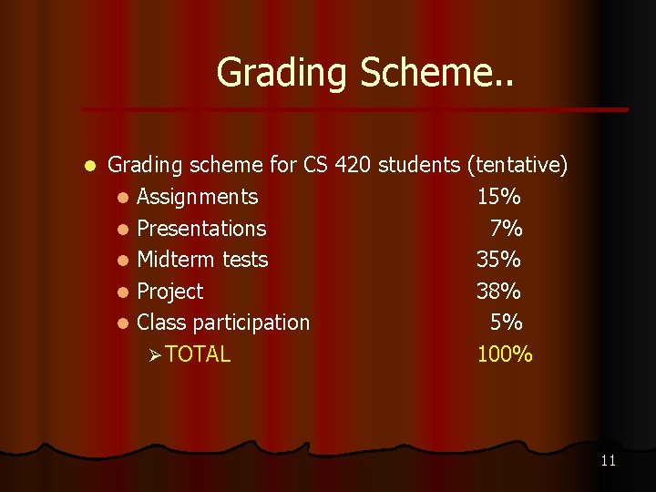 Grading Scheme. . l Grading scheme for CS 420 students (tentative) l Assignments 15%