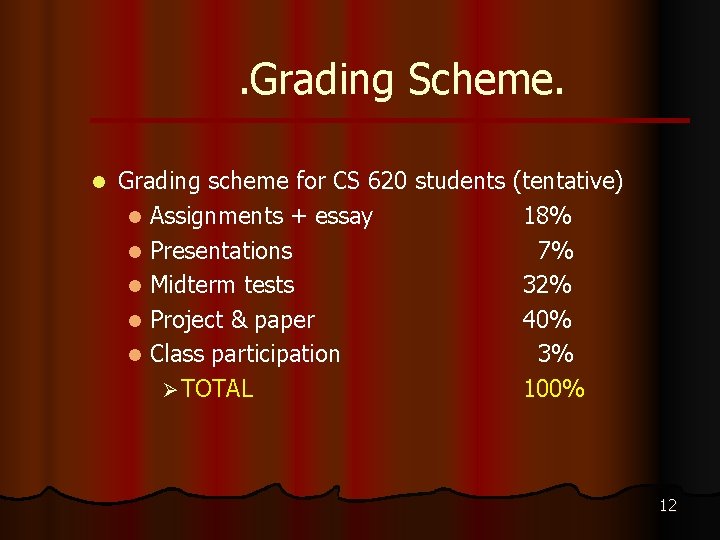 . Grading Scheme. l Grading scheme for CS 620 students (tentative) l Assignments +