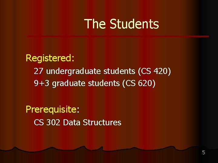 The Students Registered: 27 undergraduate students (CS 420) 9+3 graduate students (CS 620) Prerequisite: