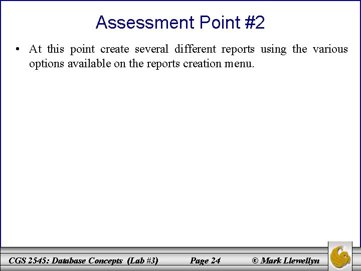 Assessment Point #2 • At this point create several different reports using the various