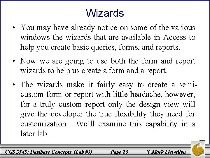 Wizards • You may have already notice on some of the various windows the