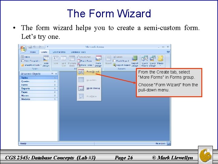 The Form Wizard • The form wizard helps you to create a semi-custom form.