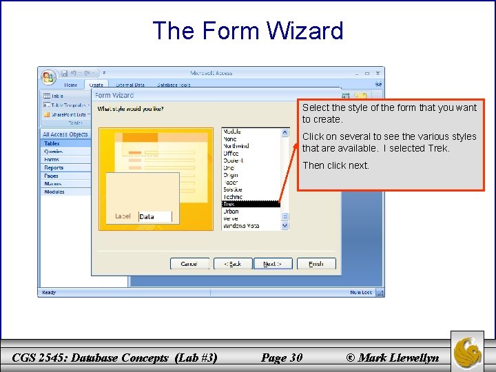 The Form Wizard Select the style of the form that you want to create.