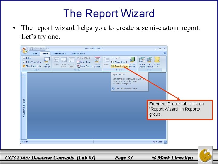 The Report Wizard • The report wizard helps you to create a semi-custom report.