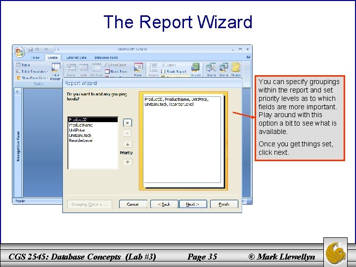 The Report Wizard You can specify groupings within the report and set priority levels